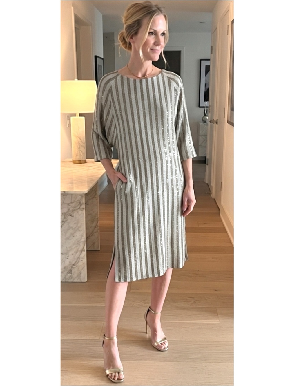 VTG 90s GRACE Metallic Striped Sequin Knit Midi Dress Tunic KOREA Size Medium